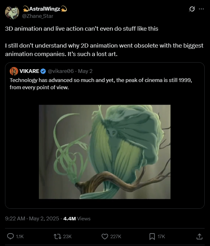 X post that mourns the lack of 2D animation gathers 227K Likes and 23K Reposts in less than 2 days