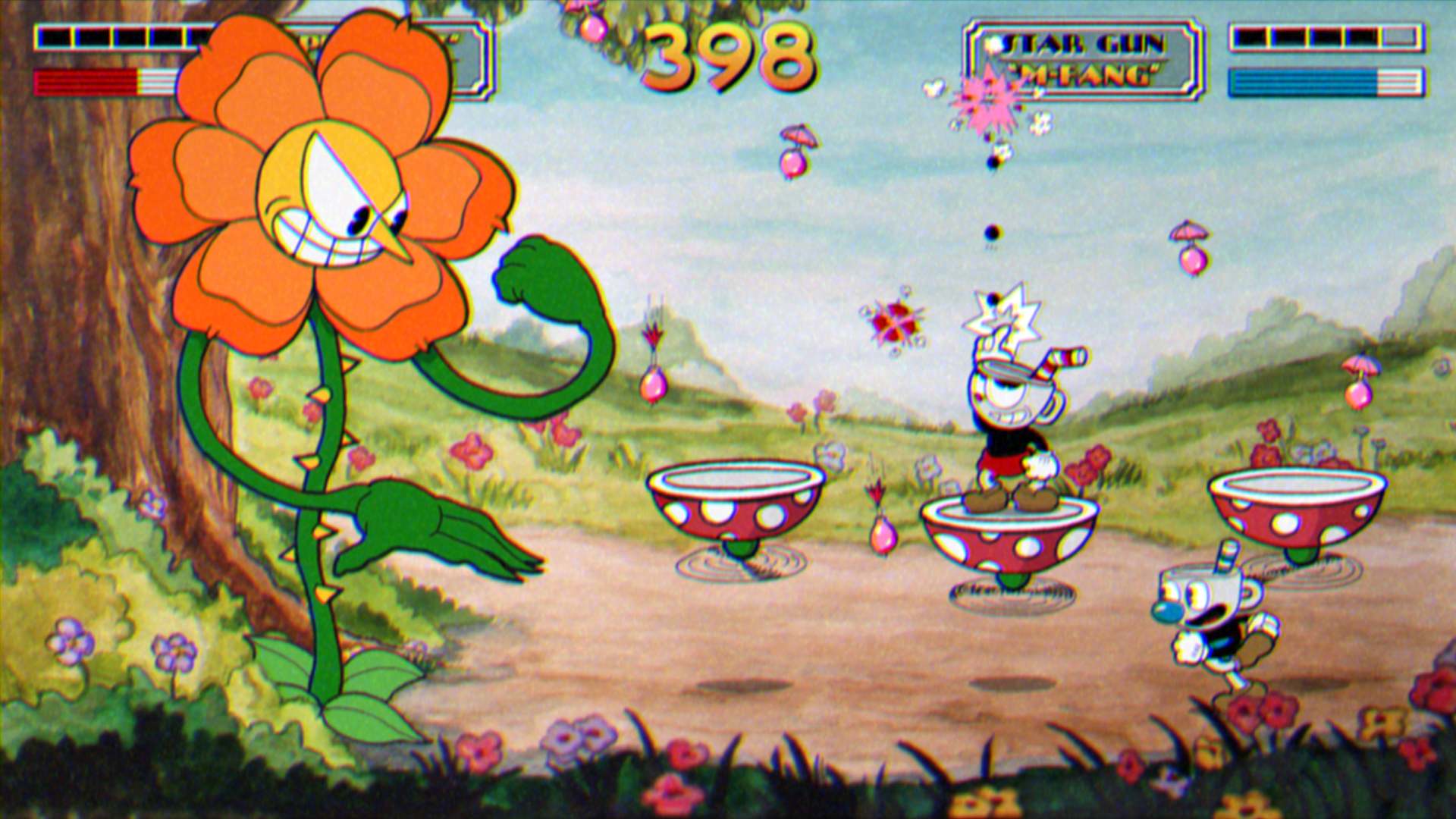 Cuphead — a hand-drawn action game features challenging gameplay.