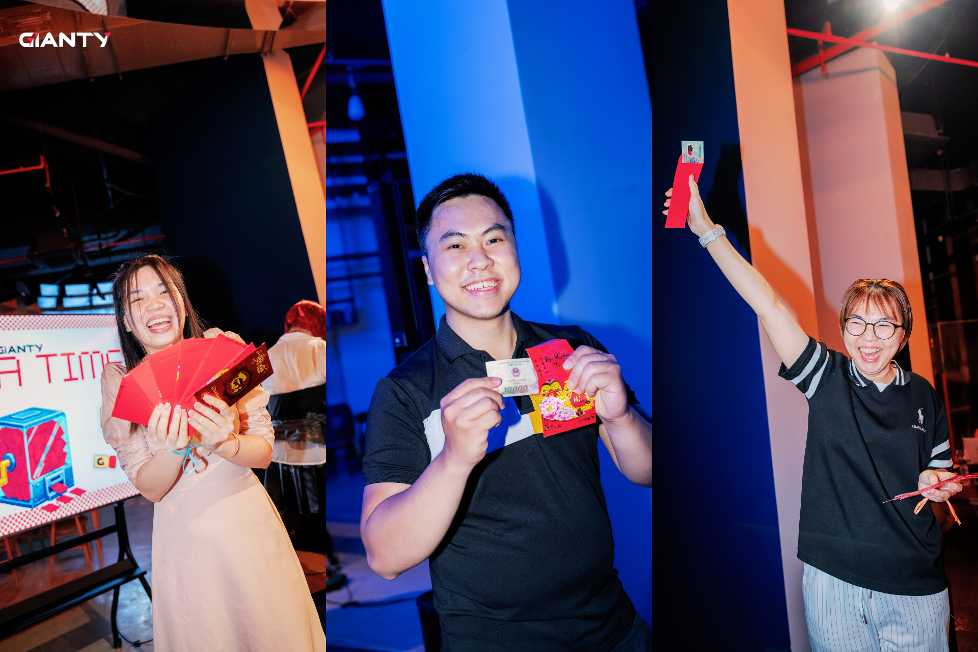 GIANTIERs light up with excitement as they receive lucky money envelopes while playing games.