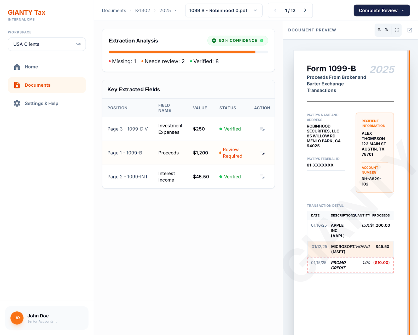 GIANTY AI Tax Review screen