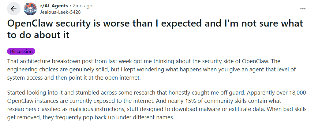 A controversial Reddit discussion about the risks of Openclaw.